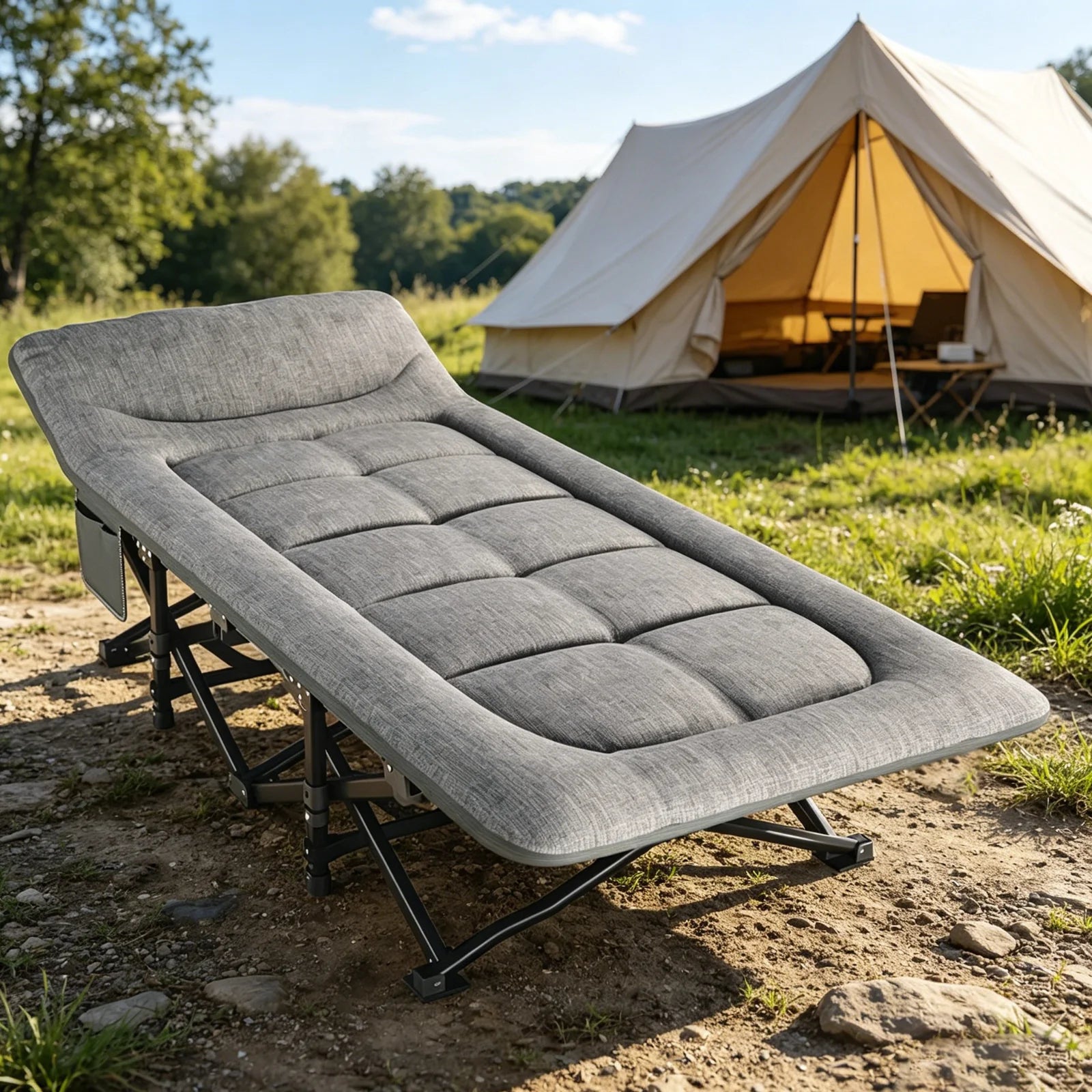 Outdoor Camping Bed Foldable Garden Single Nap Bed with Pillow&Stroage Bag