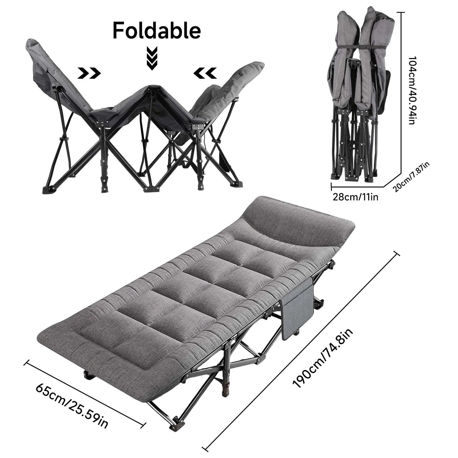 Folding Bed Indoor Outdoor Camp Cots Folding Lunch Break with Side Pocket