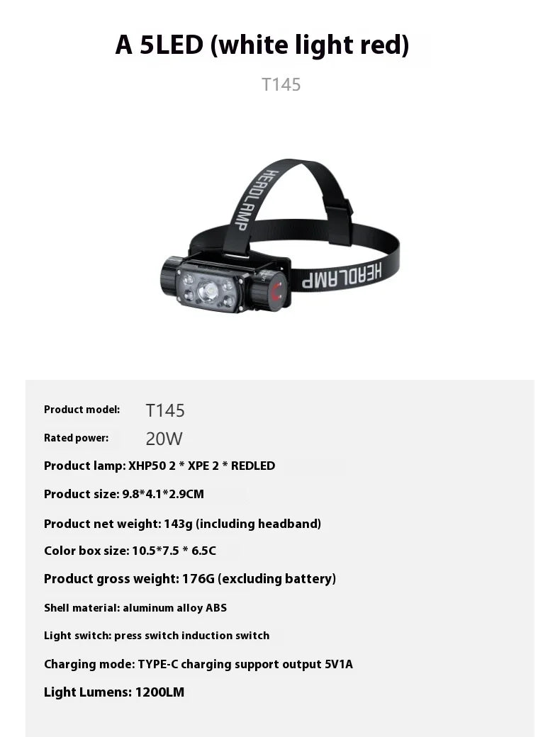 Sensor LED Headlamp white 3 Switch Headlight Head Lamp Torch Flash Red