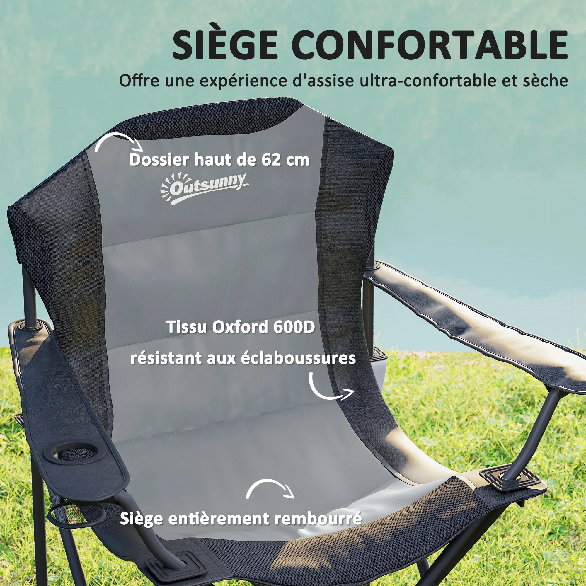 Back Padded Folding Camping Chair with Cup Holder,Load 120Kg Dark Grey