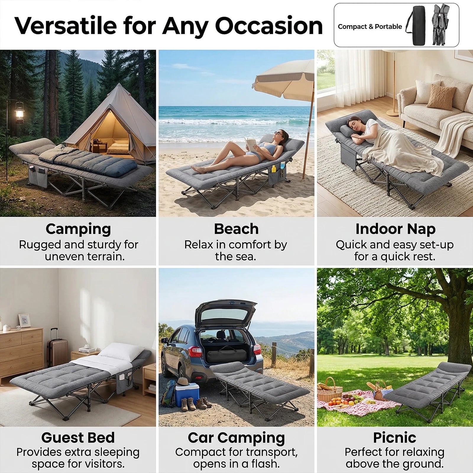 Outdoor Camping Bed Foldable Garden Single Nap Bed with Pillow&Stroage Bag