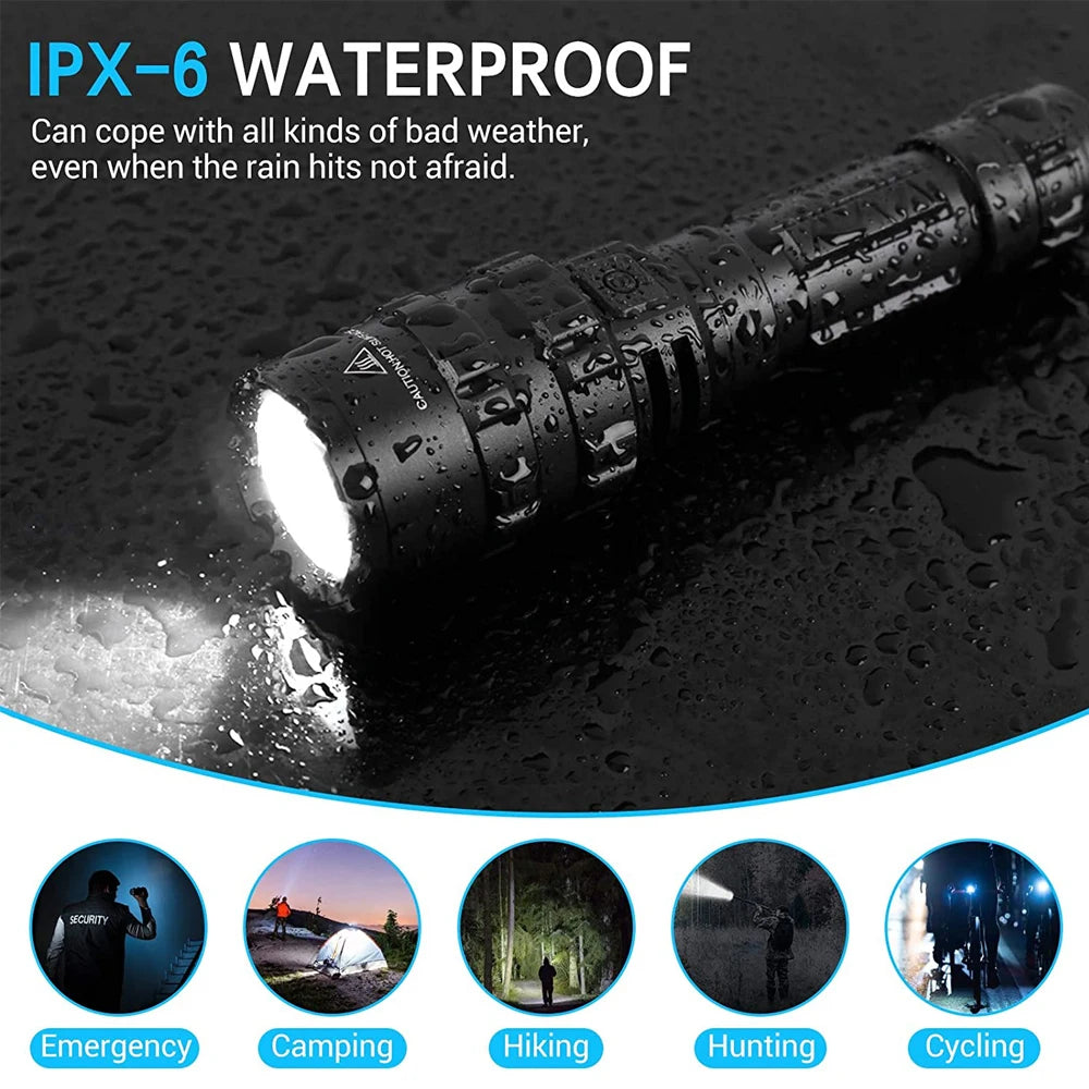 Tactical Flashlight 1600 Lumens USB Rechargeable Torch Waterproof Hunting