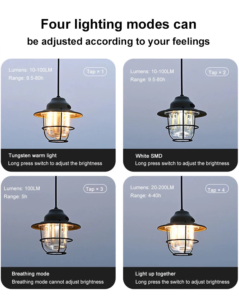 Portable Camping Lanterns Retro Hanging Tent Lamp Waterproof Dimmable Camping