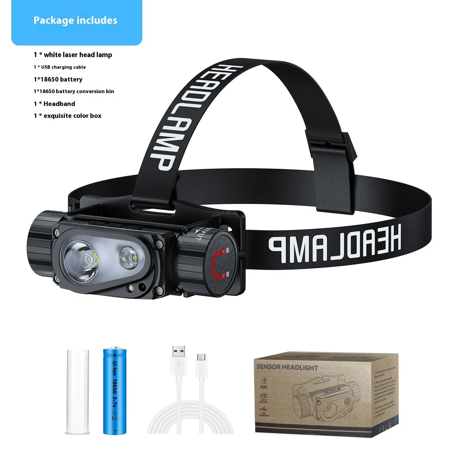 Sensor LED Headlamp white 3 Switch Headlight Head Lamp Torch Flash Red