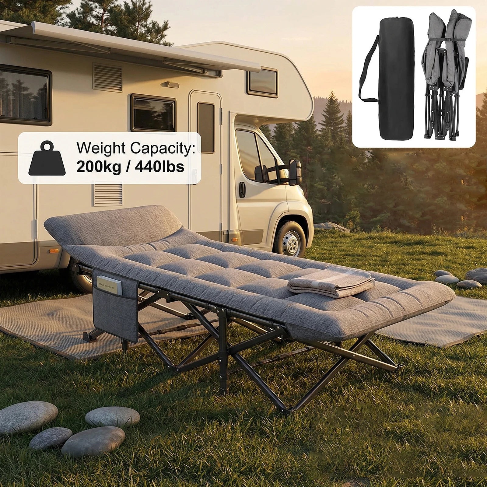Outdoor Camping Bed Foldable Garden Single Nap Bed with Pillow&Stroage Bag