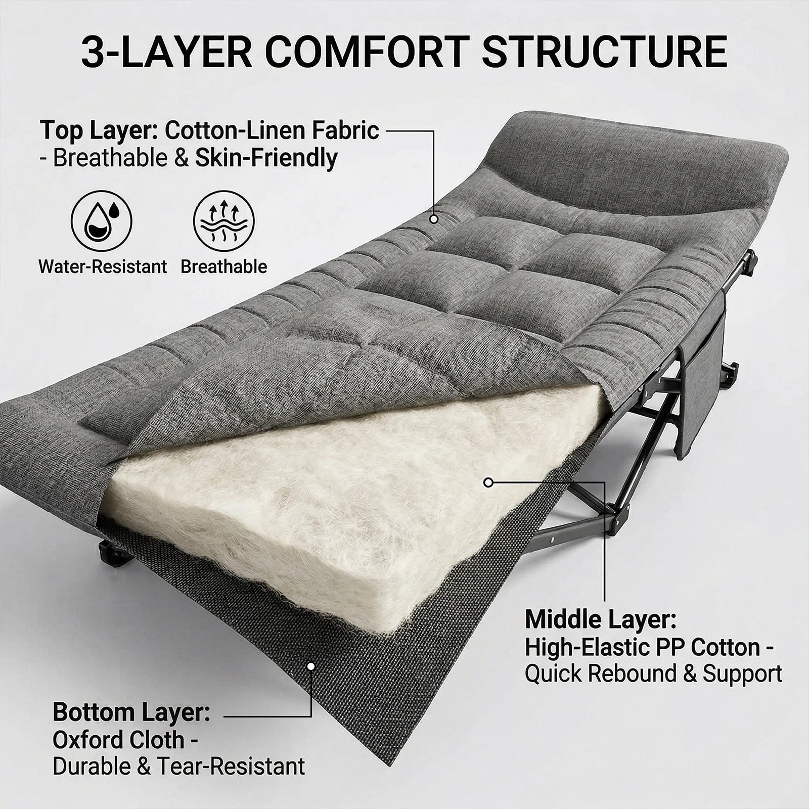Outdoor Camping Bed Foldable Garden Single Nap Bed with Pillow&Stroage Bag