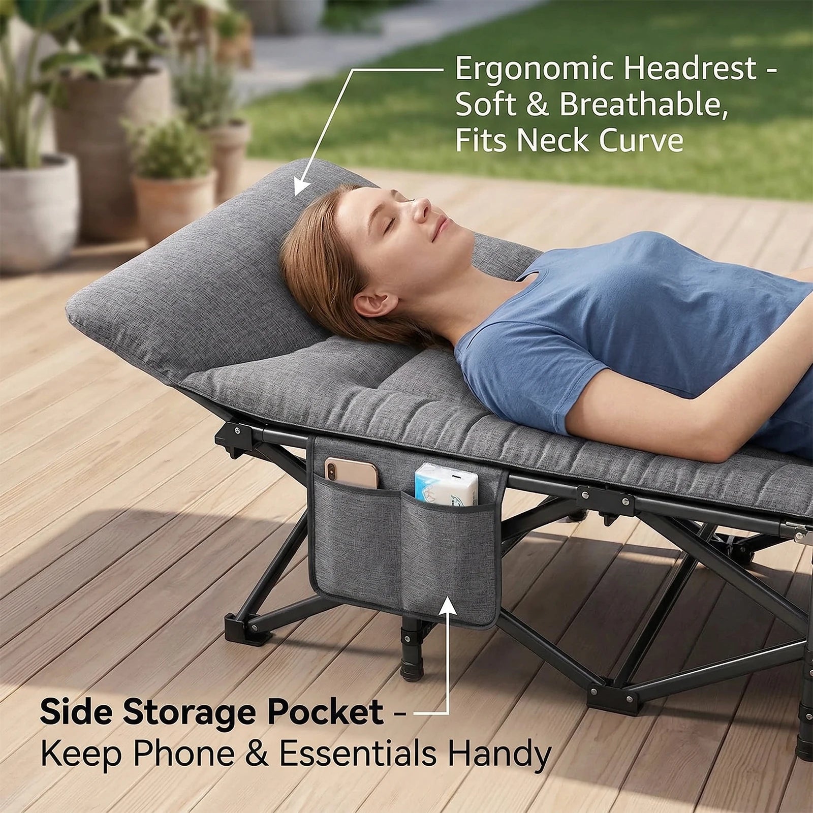 Outdoor Camping Bed Foldable Garden Single Nap Bed with Pillow&Stroage Bag