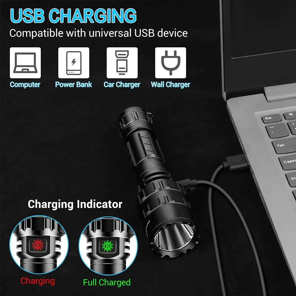 Tactical Flashlight 1600 Lumens USB Rechargeable Torch Waterproof Hunting