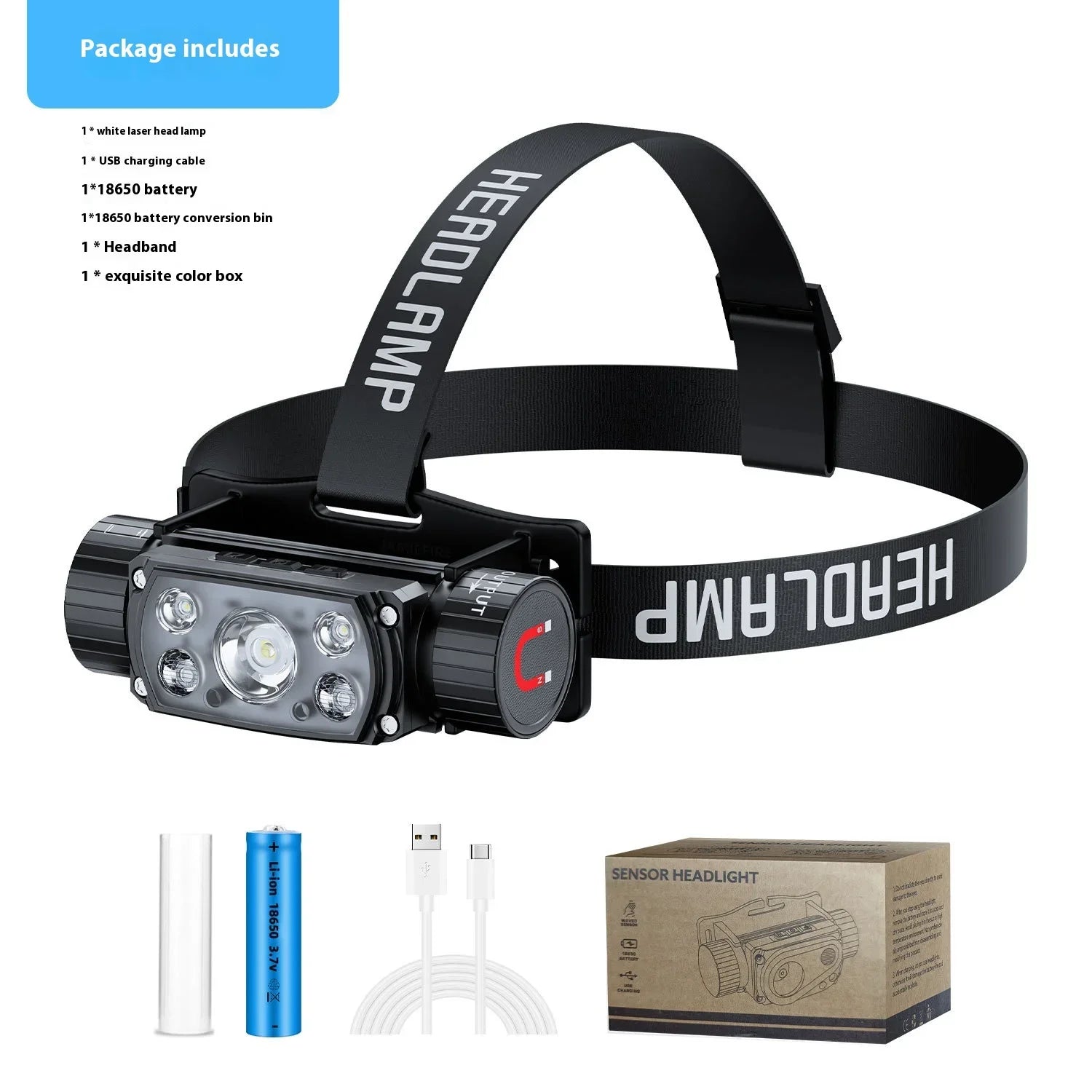 Sensor LED Headlamp white 3 Switch Headlight Head Lamp Torch Flash Red