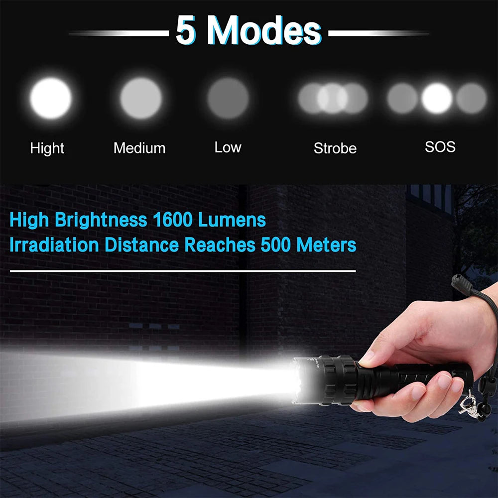 Tactical Flashlight 1600 Lumens USB Rechargeable Torch Waterproof Hunting