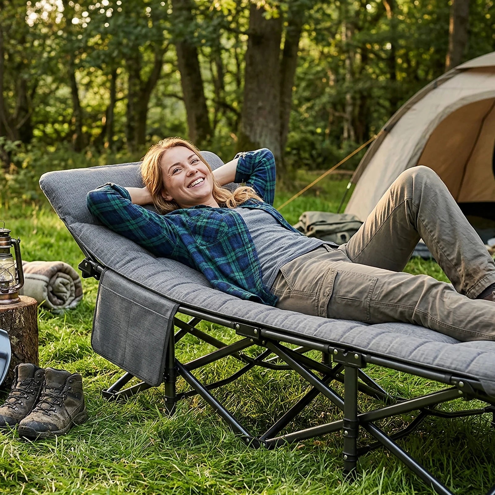 Outdoor Camping Bed Foldable Garden Single Nap Bed with Pillow&Stroage Bag