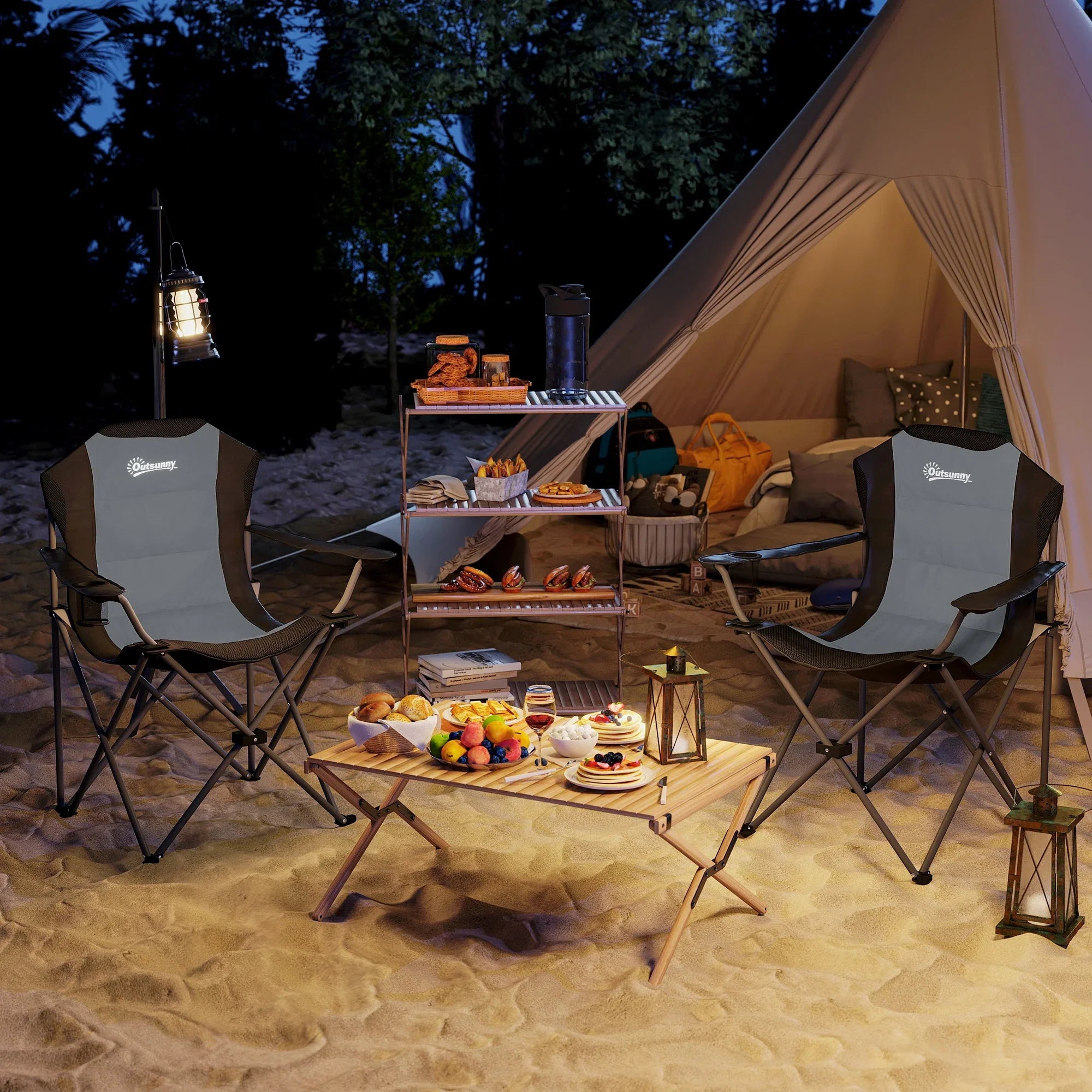 Back Padded Folding Camping Chair with Cup Holder,Load 120Kg Dark Grey
